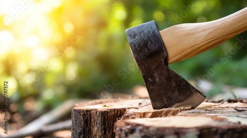 Axe on Tree Trunk Ready to Cut in Forest Setting