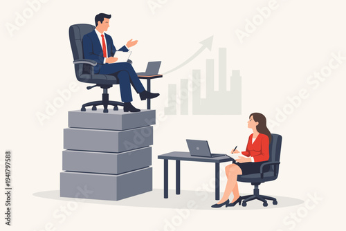 Gender Inequality and Pay Gap Concept in Business with a Man Sitting on a High Pedestal Above a Woman Employee. Illustration of Career Advancement Disparity, Corporate Hierarchy, and Inequity.