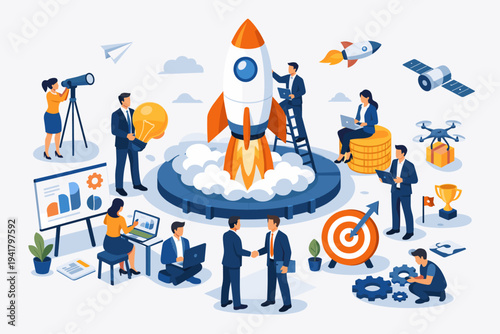 Business Startup Concept with Isometric Vector Illustration of a Team Launching a Rocket, Representing Innovation, Project Success, Financial Growth, Teamwork, and Strategic Planning.