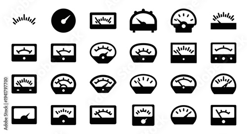 Collection of various gauge icons, dials, and meters displayed on screens in a grid layout