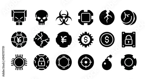 Collection of black icons representing various security and finance symbols on a plain background viewed from directly above
