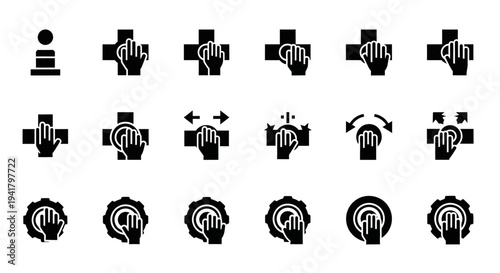 Collection of black icons featuring hands and fingerprint symbols in various poses and orientations on a white background