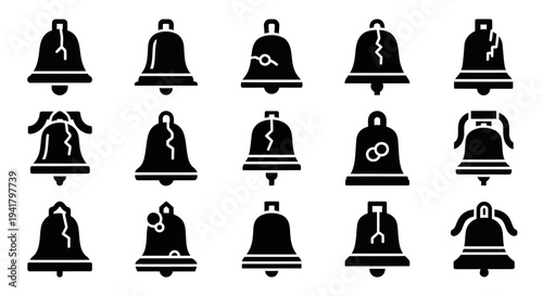 Collection of various bell icons in different shapes and designs on a clean background from a direct viewpoint