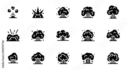 Collection of various black and white mushroom icon designs showcasing different styles and effects in a grid layout