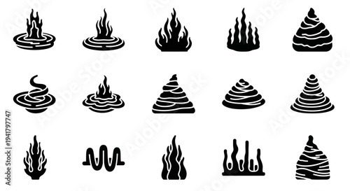 Collection of various abstract black fire and flame icons on a plain white background viewed from directly above