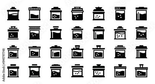 Collection of various pot icons displayed in a grid pattern on a clean white background from a straightforward viewpoint