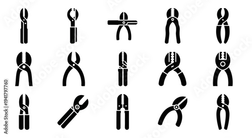 A collection of abstract black icons representing various tools arranged in a grid pattern on a plain background