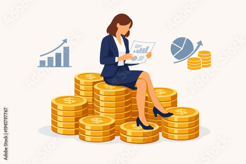 Professional businesswoman sitting on a large stack of gold dollar coins while reviewing financial reports and charts. Concept of wealth, investment growth, profit, and financial success.