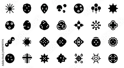 Collection of various black icons representing different microorganisms and cells on a plain background