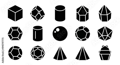 Collection of various 3D geometric shapes and forms illustrated in black silhouettes with white outlines