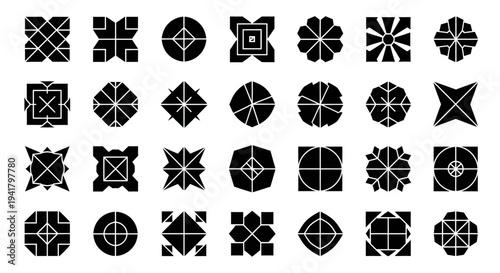 Collection of various black geometric shapes and patterns displayed on a grid layout