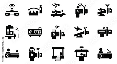 Collection of various transport and security icons displayed on a digital interface showcasing different modes of transport and security checkpoints in a simple black and white illustration style