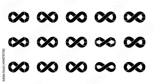 Grid of black infinity symbols on white background viewed from directly above