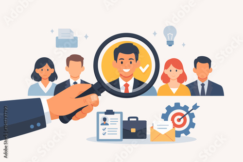 Corporate recruitment process vector illustration with a hand using a magnifying glass to select a successful candidate from a group of job applicants for human resources and talent acquisition.