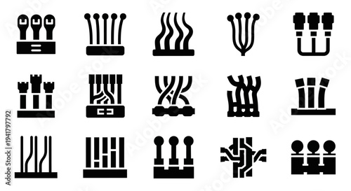 Collection of black icons representing various candles and candelabras on a white background from a direct viewpoint