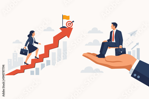 Businesswoman climbing a red arrow staircase to success while a businessman is lifted by a giant hand, representing gender inequality, privilege, and unfair advantage in corporate career growth.