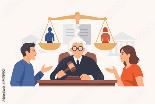 Flat Vector Illustration of a Judge Presiding Over a Legal Dispute or Divorce Case Between a Man and a Woman in Court with Scales of Justice and Gavel Symbolizing Law, Mediation, and Conflict.