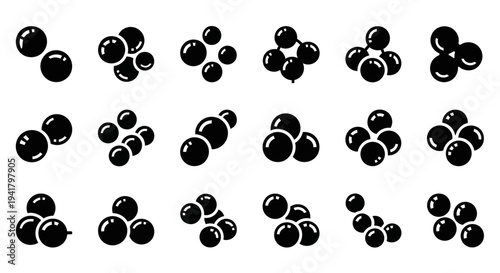 A collection of black spheres in various cluster formations on a clean background from a straightforward viewpoint