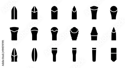 Collection of various black lipstick silhouette icons arranged in a grid pattern on a plain background from a straightforward viewpoint
