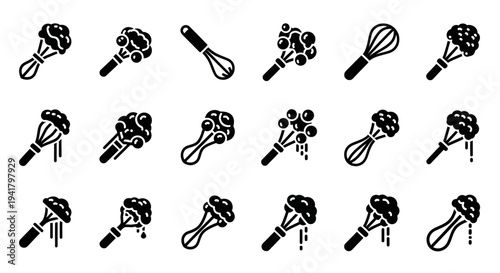 Assorted baking whisks with ingredients in various stages of mixture and splatter, depicted in simple black illustrations on a clean background from a straightforward viewpoint