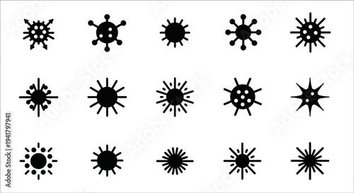 Collection of various black starburst icons on a clean white background displayed in a grid pattern