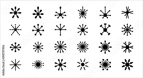 A collection of twenty black abstract asterisks and starbursts on a plain white background viewed directly from above
