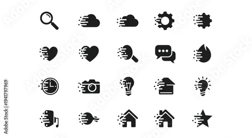 Collection of black icons representing various concepts on a clean background viewed from a straightforward perspective