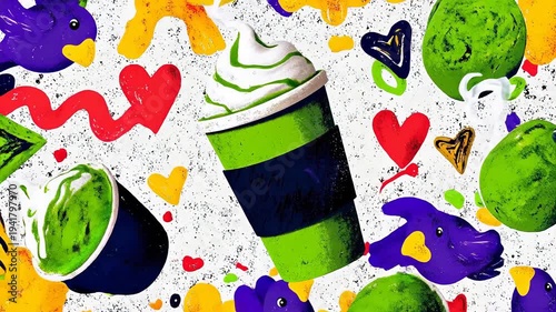 Colorful coffee cups and abstract shapes