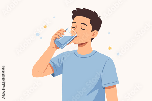 Flat Vector Illustration of a Young Man Drinking a Refreshing Glass of Pure Water for Daily Hydration and Healthy Lifestyle, Male Character Enjoying a Cold Drink Isolated on a Light Background