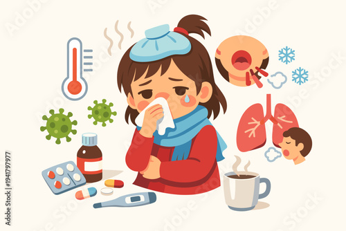 Little girl with symptoms of viral infection, flu, or cold, including fever, cough, sore throat, and runny nose, with medicine, thermometer, and virus icons in a simple flat vector illustration.