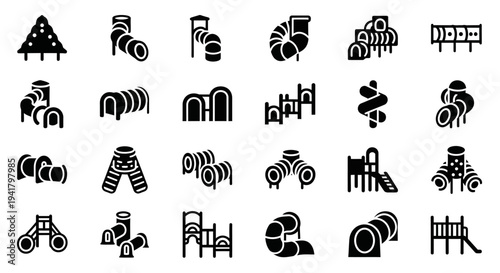Collection of black playground equipment symbols on white background, viewed from directly above.