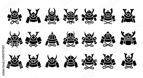 A collection of twenty samurai helmet icons arranged in a grid pattern on a plain background from a direct viewpoint