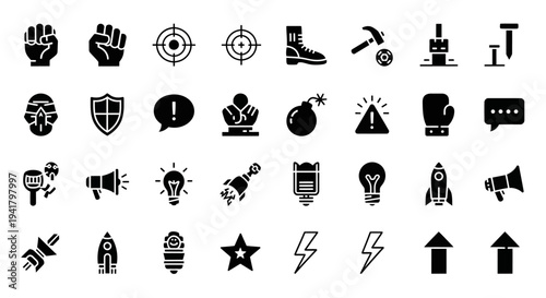 Collection of black icons representing various concepts on a white background viewed from directly above
