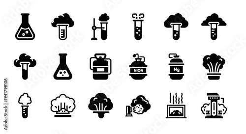 Collection of black icons representing various science and technology concepts displayed on a clean white background from a straightforward viewpoint