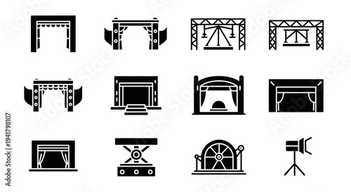 Collection of stage and theater elements depicted in simple black silhouettes against a clean white background