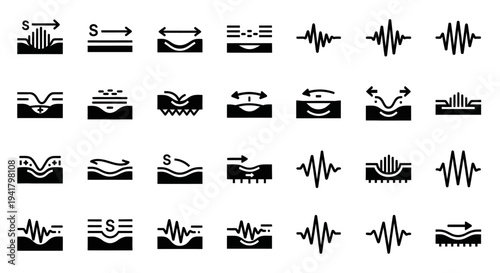 Collection of various black signal icons on white background representing different waveforms and symbols
