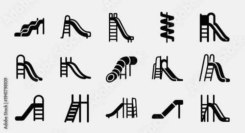 Collection of playground slides and ladders in various designs and styles, depicted in a simple line art style