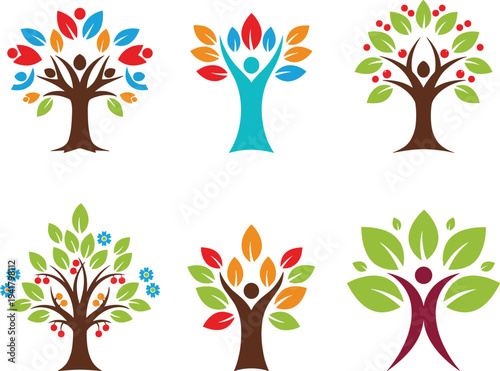 Six stylized human tree designs, colorful leaves canopy, unity growth concept, environmental harmony illustration, community nature artwork, symbolic eco design, flavector