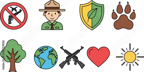 Nature conservation and wildlife protection icon set featuring forest ranger, tree, globe, paw print, heart, sun, shield, and anti-poaching symbols, vector.