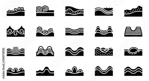 Collection of abstract black and white topographic map icons displayed on a grid layout