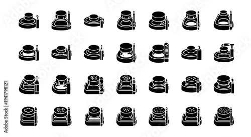 Collection of multiple camera lenses displayed in a grid pattern on a clean white surface viewed from directly above