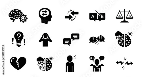 Collection of black icons representing mental health concepts and emotional states on a plain white background