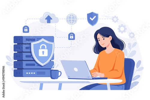 Woman using laptop for secure server connection, featuring data protection icons like shields, locks, cloud storage, and global network connectivity, flat vector illustration for cyber security.