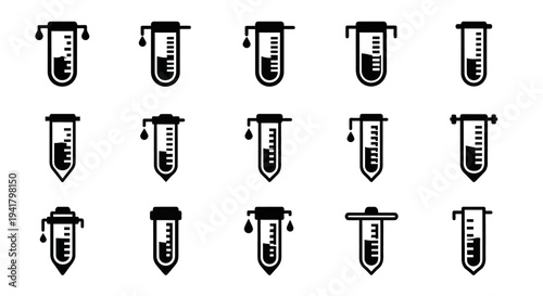 Collection of Laboratory Equipment Icons Featuring Test Tubes on a Plain Background from a Straight-On Viewpoint