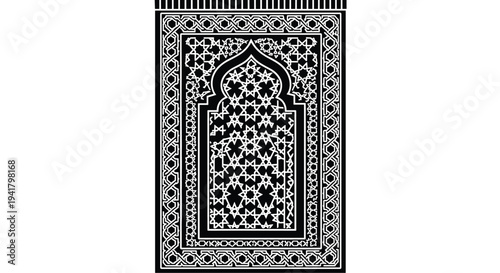 Intricately designed islamic prayer mat with geometric patterns and arches, Generative AI.