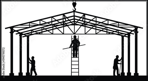 Steel roof construction silhouette, workers assembling framework, pitched roof trusses, crane lifting beams, industrial building structure, construction site illustration, flavector