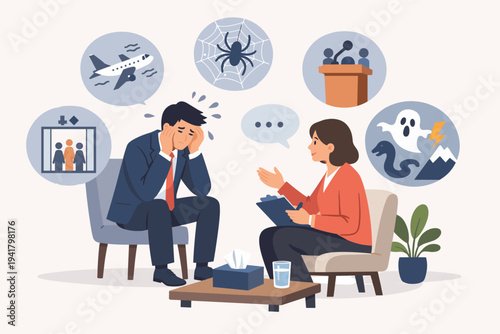 Vector Illustration of an Anxious Businessman with Multiple Phobias and Social Anxiety Undergoing a Psychological Therapy Session with a Counselor to Manage Stress, Fear, and Mental Health.