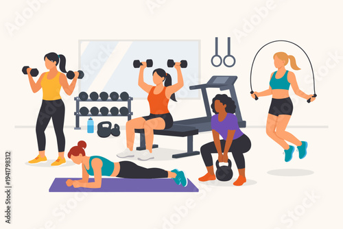 Diverse Women Exercising in a Gym Flat Vector Illustration Featuring Activities like Weightlifting, Plank, Jumping Rope, and Kettlebell Squats for Fitness, Health, and Wellness Concepts.