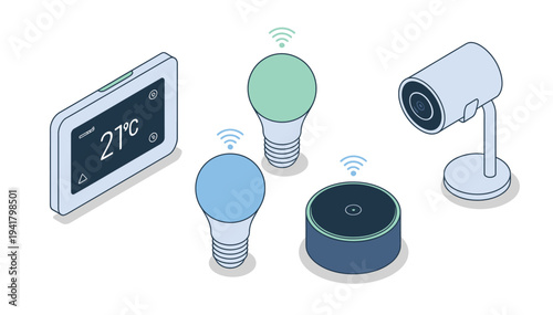 Smart home technology set: thermostat, wifi bulbs, camera, and voice assistant speaker.