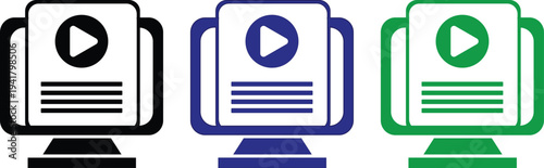 Computer monitor video player icon set representing online streaming media platform, multimedia playback interface, digital video content and internet media technology concept vector illustration